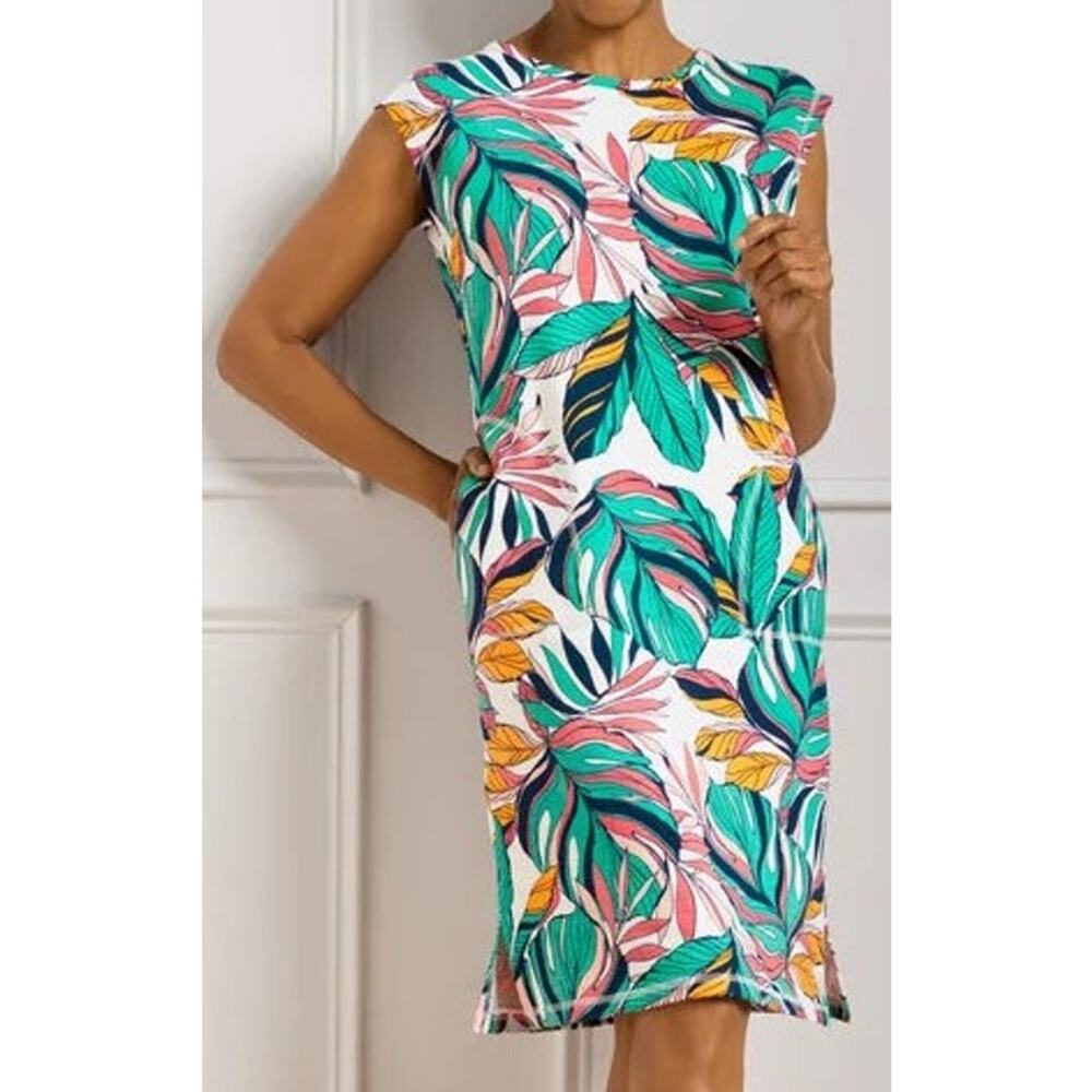 Talbots UPF 50 Cozy Crush Cross Back Dress Tropical Fronds Womens Small